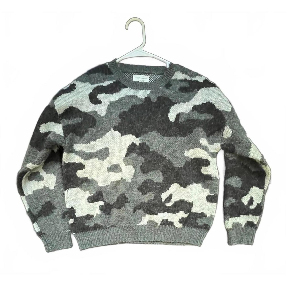 Lucky Brand Sweater Gray Camo Crewneck Knit Pullover Small